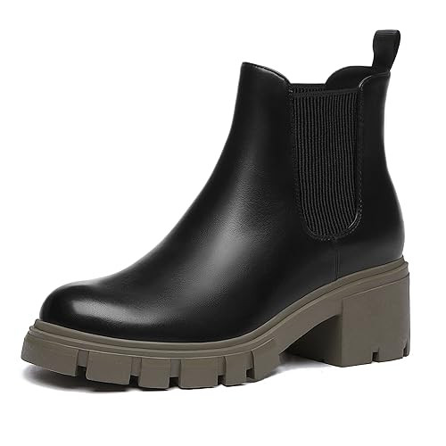 Athlefit Women's Chelsea Boots Fashion Lug Sole Chunky Heel Slip on Elastic Ankle Cool Black Booties Size 5.5 | Amazon (US)