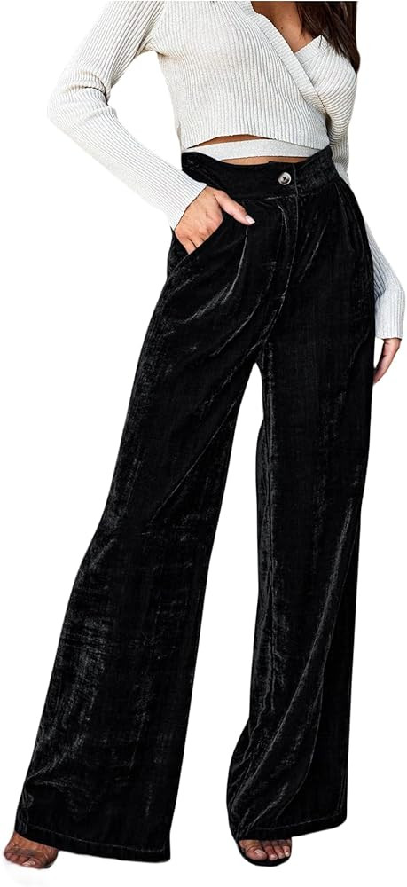 JUMISEE Women’s Velvet Wide Leg Pants Elastic High Waisted Palazzo Pants Business Work Casual T... | Amazon (US)