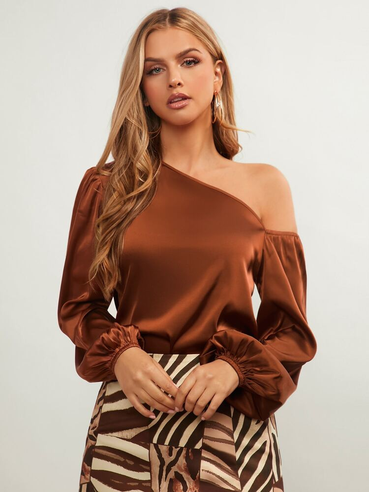 SHEIN BAE Asymmetrical Neck Lantern Sleeve Satin Top | SHEIN