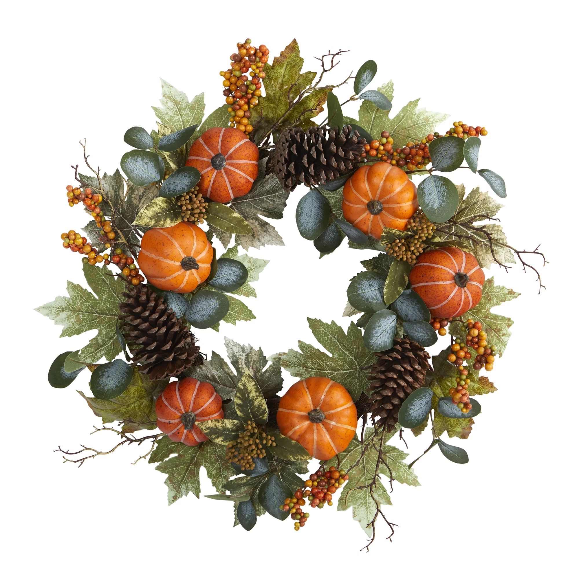 Nearly Natural 24 in. Pumpkins and Pine Cones Plastic Artificial Wreath, Multicolor - Walmart.com | Walmart (US)