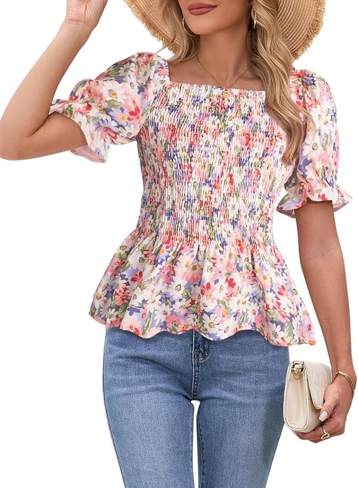 Womens Puff Short Sleeve Babydoll Tops Floral Summer Peplum Blouse Smocked Square Neck Loose Fit ... | Amazon (US)