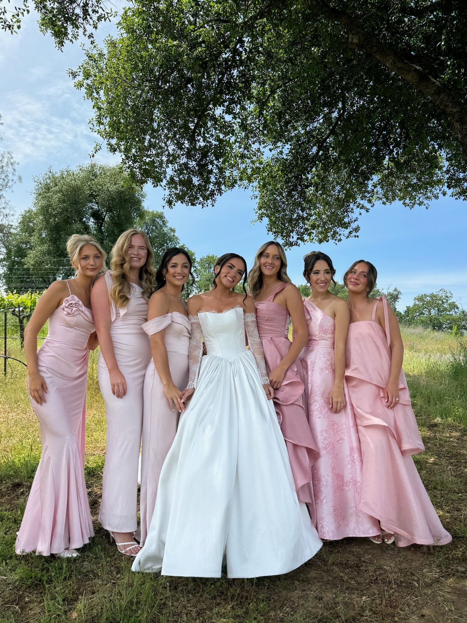 From the left:

1. CELINE CORSET DRAPE SATIN GOWN - PINK
2. Say Less Ruched One-Shoulder Maxi Dress- Pink (Nordstrom)
3. Mia Convertible Dress Matte Satin Pale Blush (Birdy Grey)
4. ENYA PINK HANDKERCHIEF GOWN
(Azazie Atelier)
5. ALFRED SUNG SAVANNA · STYLE D875FP · SATIN TWILL (Dessy)
6. Elliatt Noemi Tiered Voile Maxi Dress in Light Pink (Nordstrom)