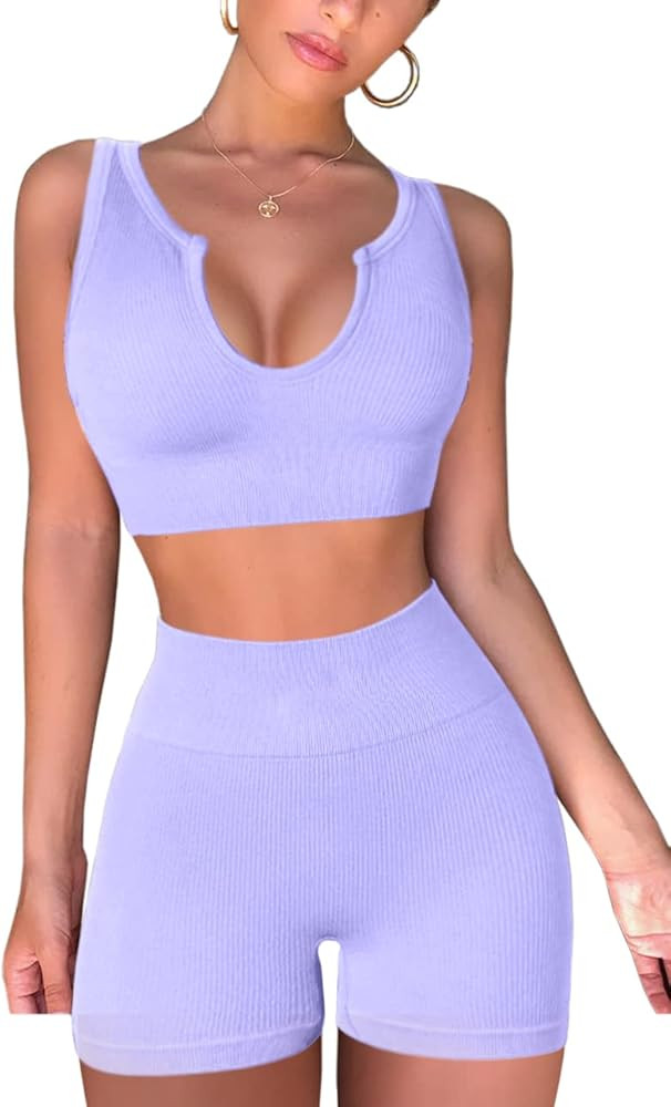 FAFOFA Seamless Workout Sets for Women Ribbed Sport Bra High Waist Running Shorts Gym 2 Piece Yog... | Amazon (US)