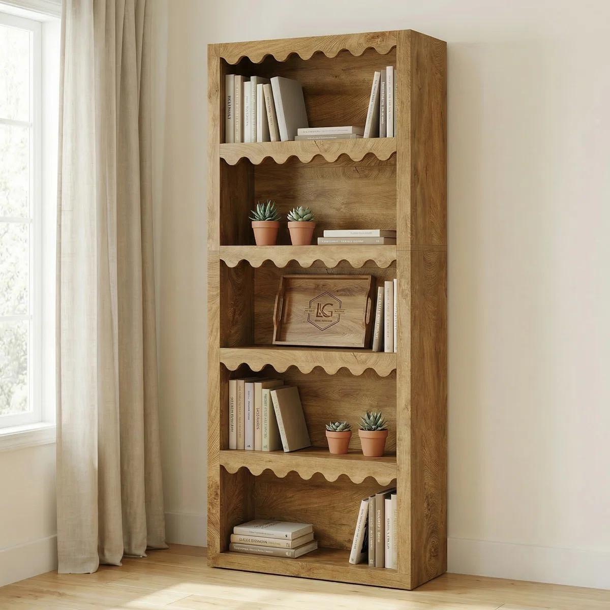 5-Tier White Bookcase, Tall Bookshelf With Scalloped Edges For Living Room | Wayfair North America