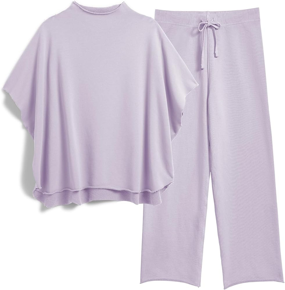 Women's Two Piece Outfits 3/4 Batwing Sleeve Capelet Crew Neck Pullover Top Wide Leg Pants Lounge... | Amazon (US)