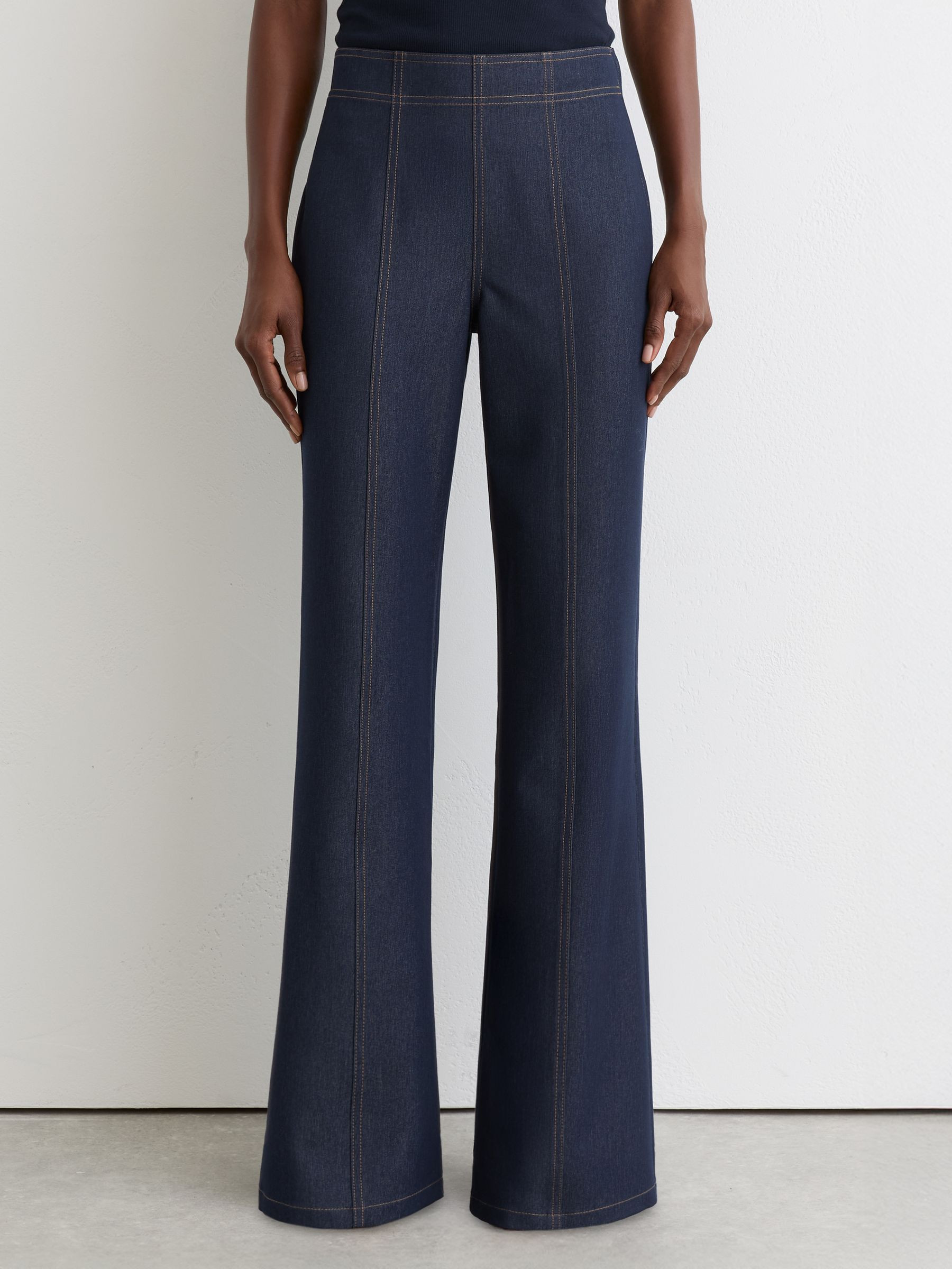 Reiss Flared-Leg Denim-Look Trousers in Dark Blue - REISS | Reiss UK