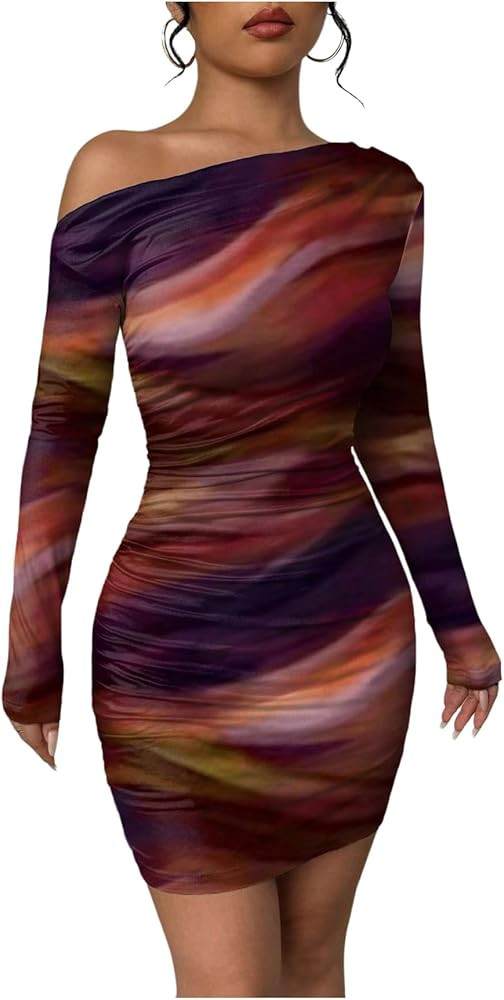 Women's Off Shoulder Ombre Tie Dye Bodycon Dress Long Sleeve Slim Fit Pencil Mini Dresses | Amazon (US)