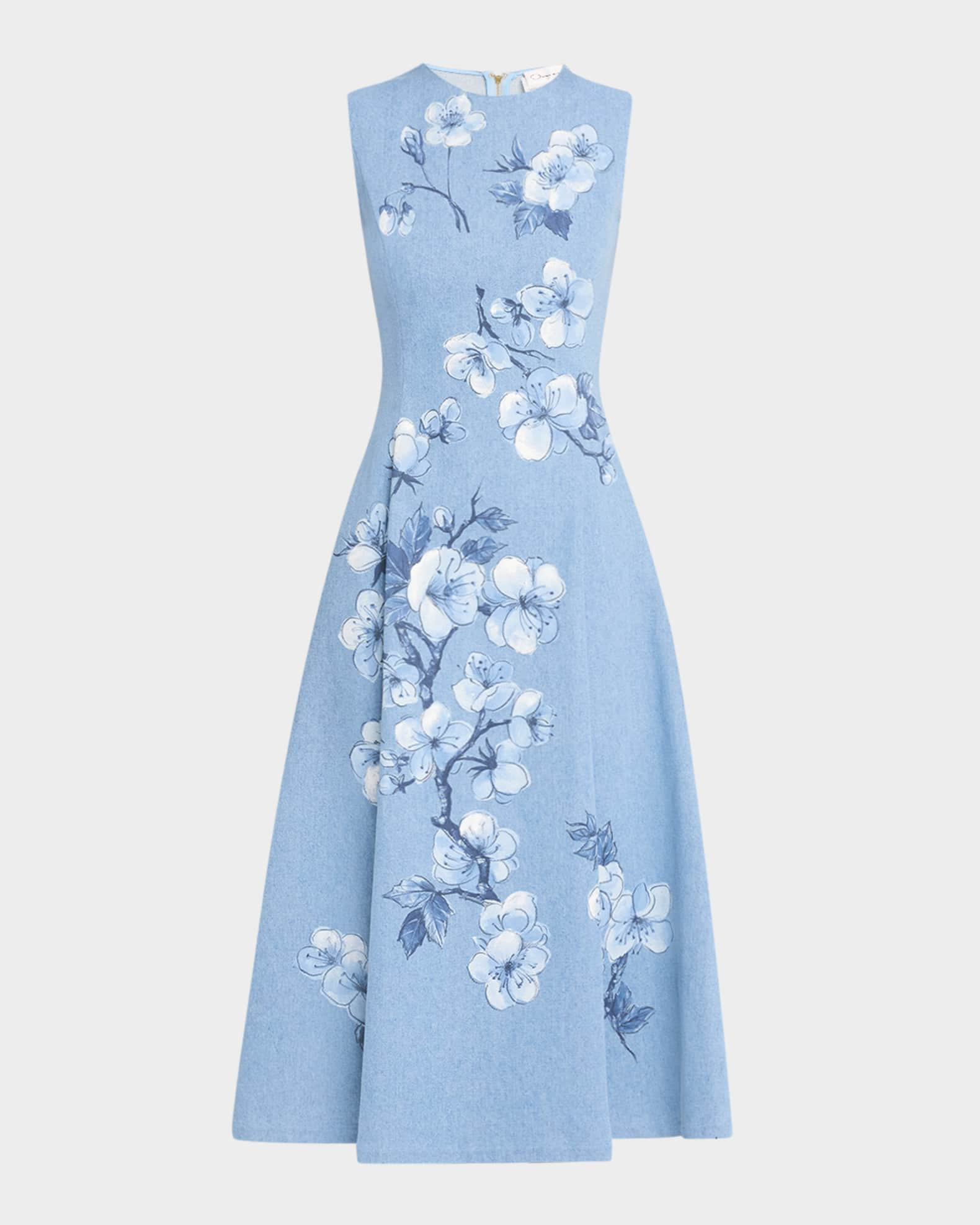 Cherry Blossom Printed Denim Sleeveless Midi Dress | Neiman Marcus