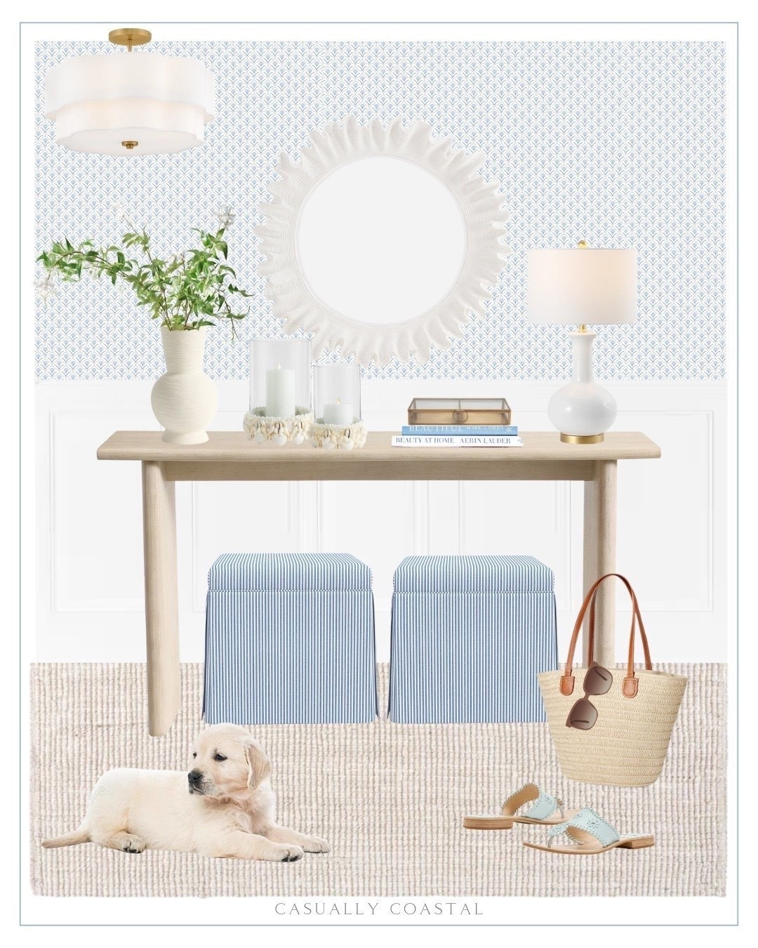Coastal Entryway Design

Coastal home, entryway decor, coastal rug, entryway rug, coastal console table, entryway table, pottery barn console table, upholstered storage ottoman, blue and white striped ottoman, wayfair home decor, coastal mirror, round mirror, wayfair wallpaper, coastal floral wallpaper, wayfair rug, neutral rug, jute solid color rug, coastal lamp, semi flush mount, wayfair lighting, jasmine branch, pottery barn vase, shell hurricane candle holder, brass and glass display box, Amazon coastal book, beautiful shells book, straw beach bag, Amazon beach bag, quay sunglasses, blue sandals, Jack Rogers sandals

#LTKHome