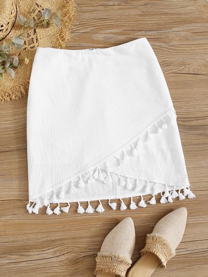 SHEIN Tassel Trim Asymmetrical Hem Skirt | SHEIN