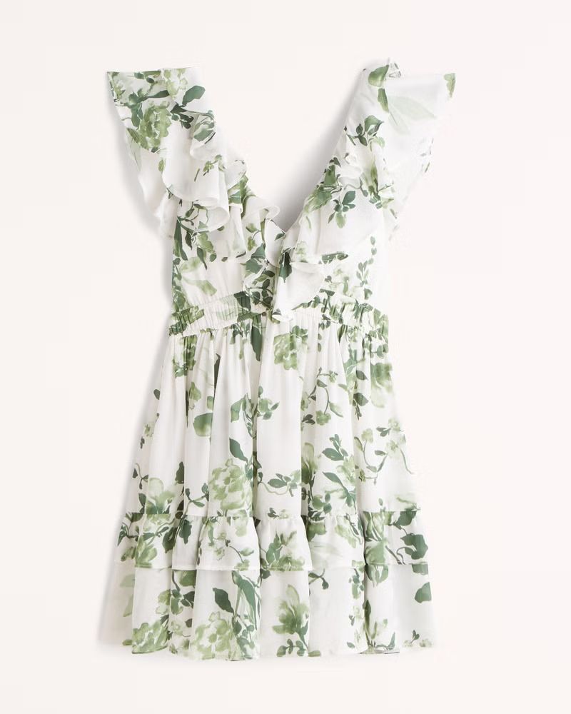 Abercrombie & Fitch Women's Ruffle Flutter Sleeve Mini Dress in Green Floral - Size XS | Abercrombie & Fitch (US)