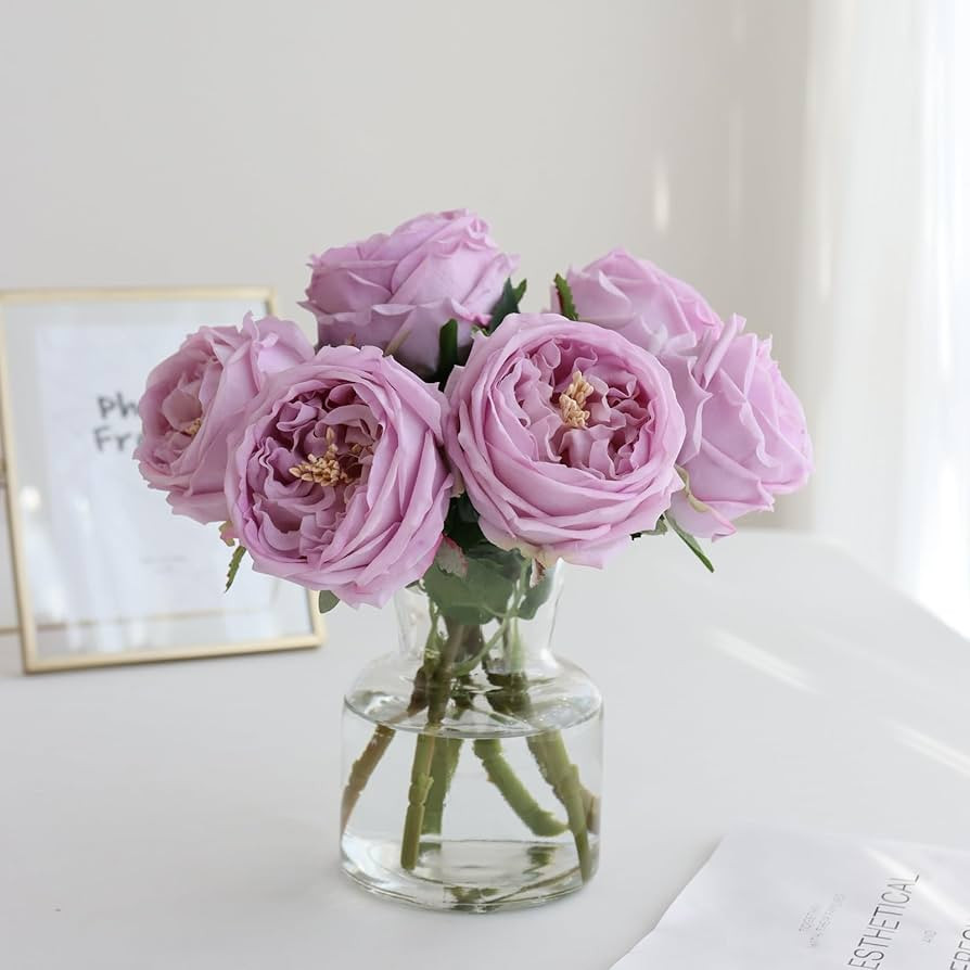 Fake Austin Rose Peonies Flowers with Vase, Clear Glass Vase with Purple Real Touch Peonies Artif... | Amazon (US)