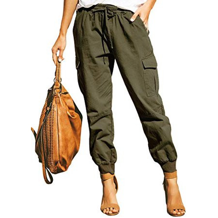 Ohvera Women s Solid High Waist Cargo Pants Joggers Trouser with Drawstring Tie Pockets Green Medium | Walmart (US)