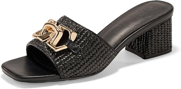 Women's Raffia Slide Sandals Square Open Toe Sandal Chunky Heeled Metal Chain Dressy Shoes | Amazon (US)