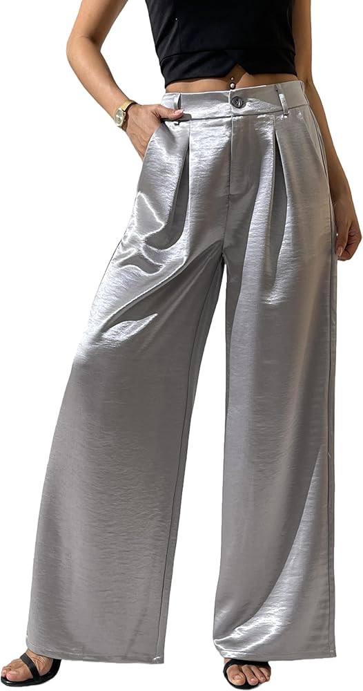 Women's Wide Leg Palazzo Pants Satin Silky Dressy Casual Shiny Sparkle Sequin Party Night Out Wor... | Amazon (US)