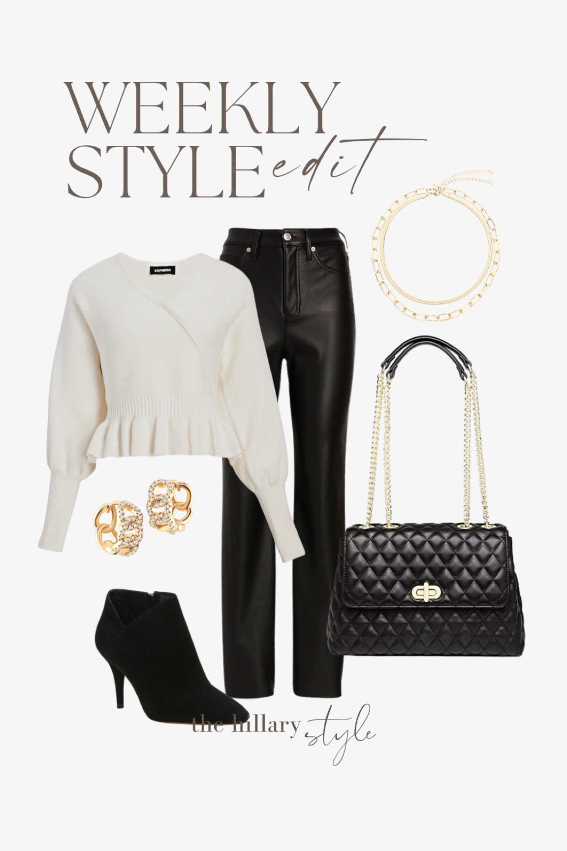 Weekly Style Edit: Transitional Outfit. A dressier outfit of the day option for a girl’s day, date night, brunch, shopping, etc. Leather pants, neutral sweater, black mules, quilted handbag, gold necklace. #ootd #founditonamazon

#LTKFind #LTKstyletip #LTKfit