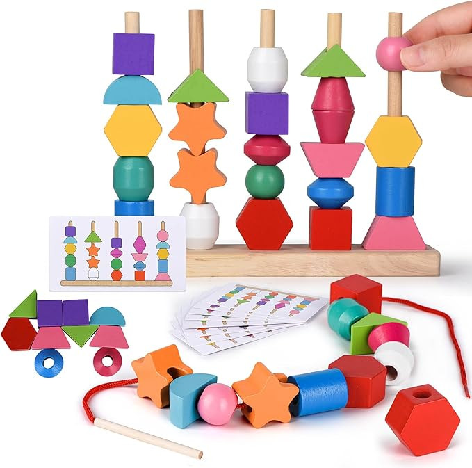 Montessori Bead Sequencing Toy Set, Wooden Stacking Blocks & Lacing Beads & Matching Shape Colors... | Amazon (US)