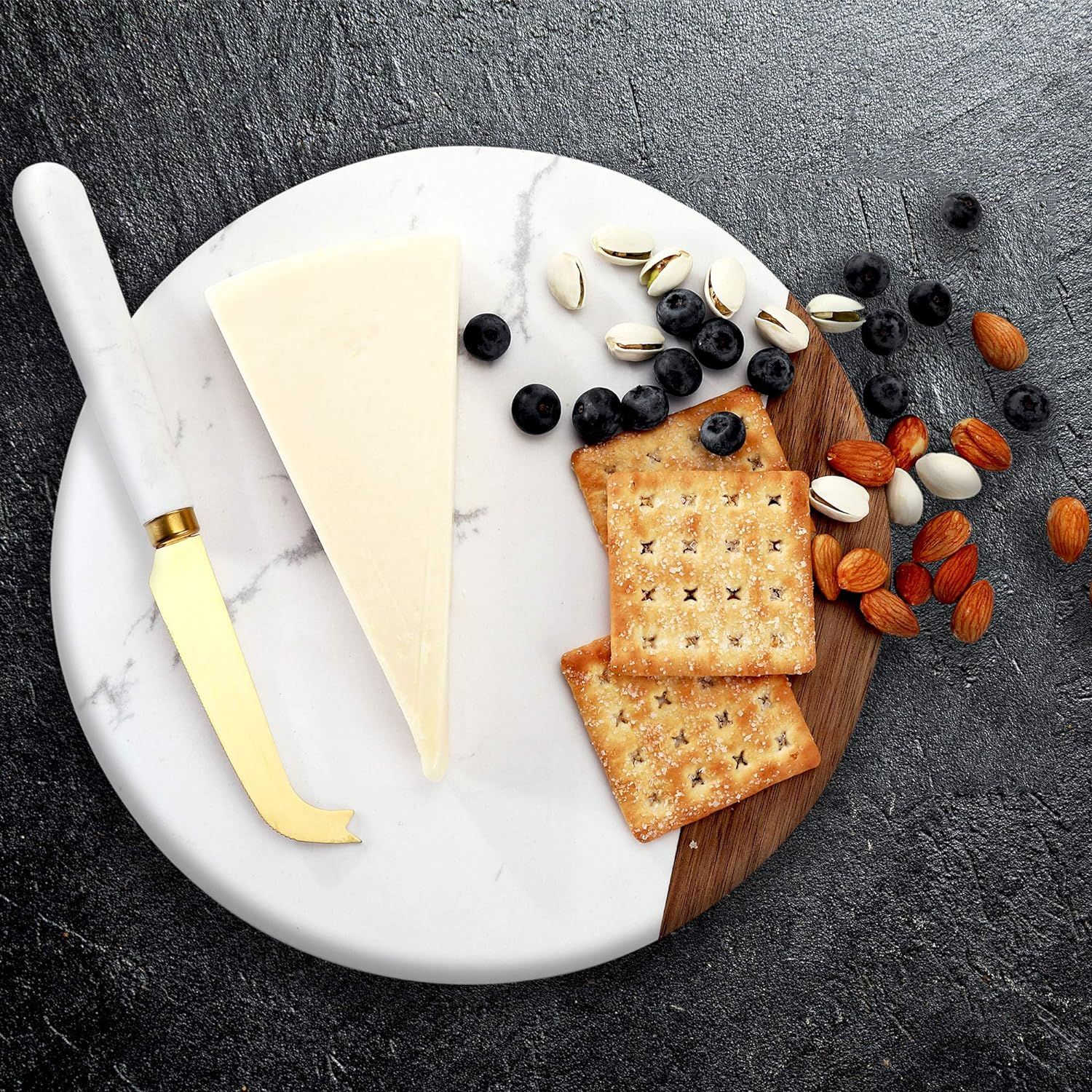 VUDECO White Marble and Acacia Wooden Cheese Board & Knife Set for Christmas Marble Tray for Meat... | Amazon (US)