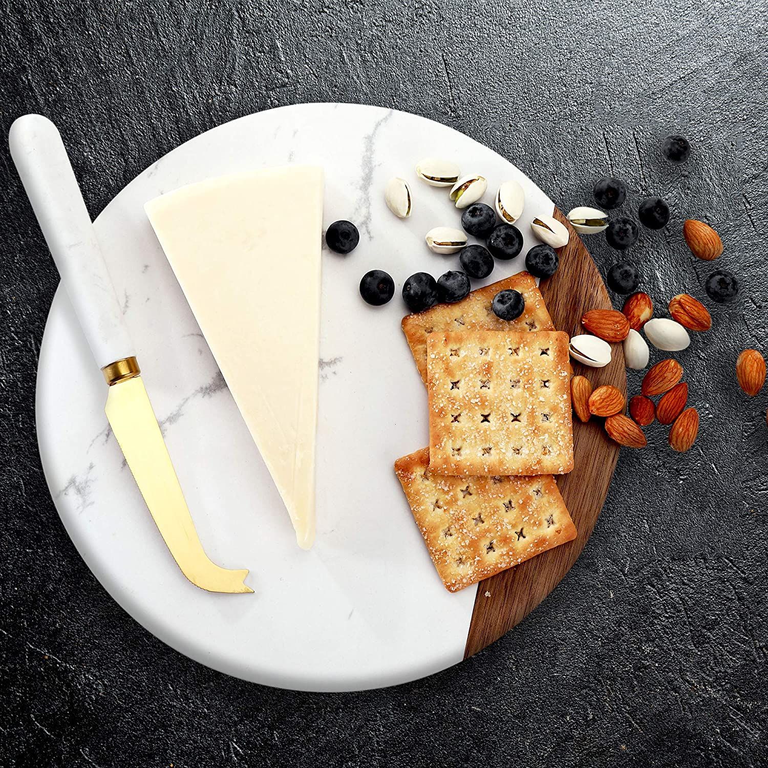 VUDECO White Marble and Acacia Wooden Cheese Board & Knife Set for Christmas Marble Tray for Meat... | Amazon (US)