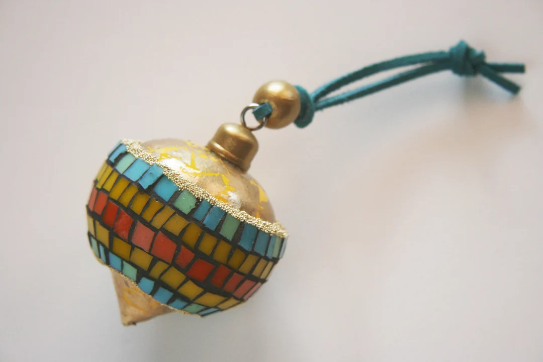 Bohemian Teardrop Ornament Yellow Orange Turquoise Gold Wood Bead Suede Boho Gilded Mosaic Staine... | Etsy (US)