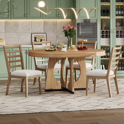 Farmhouse Extendable Round Dining Set for 4, Wood Round Kitchen Table with Leaf, 4 Upholstered Chairs for Dining Room, Natural | Target