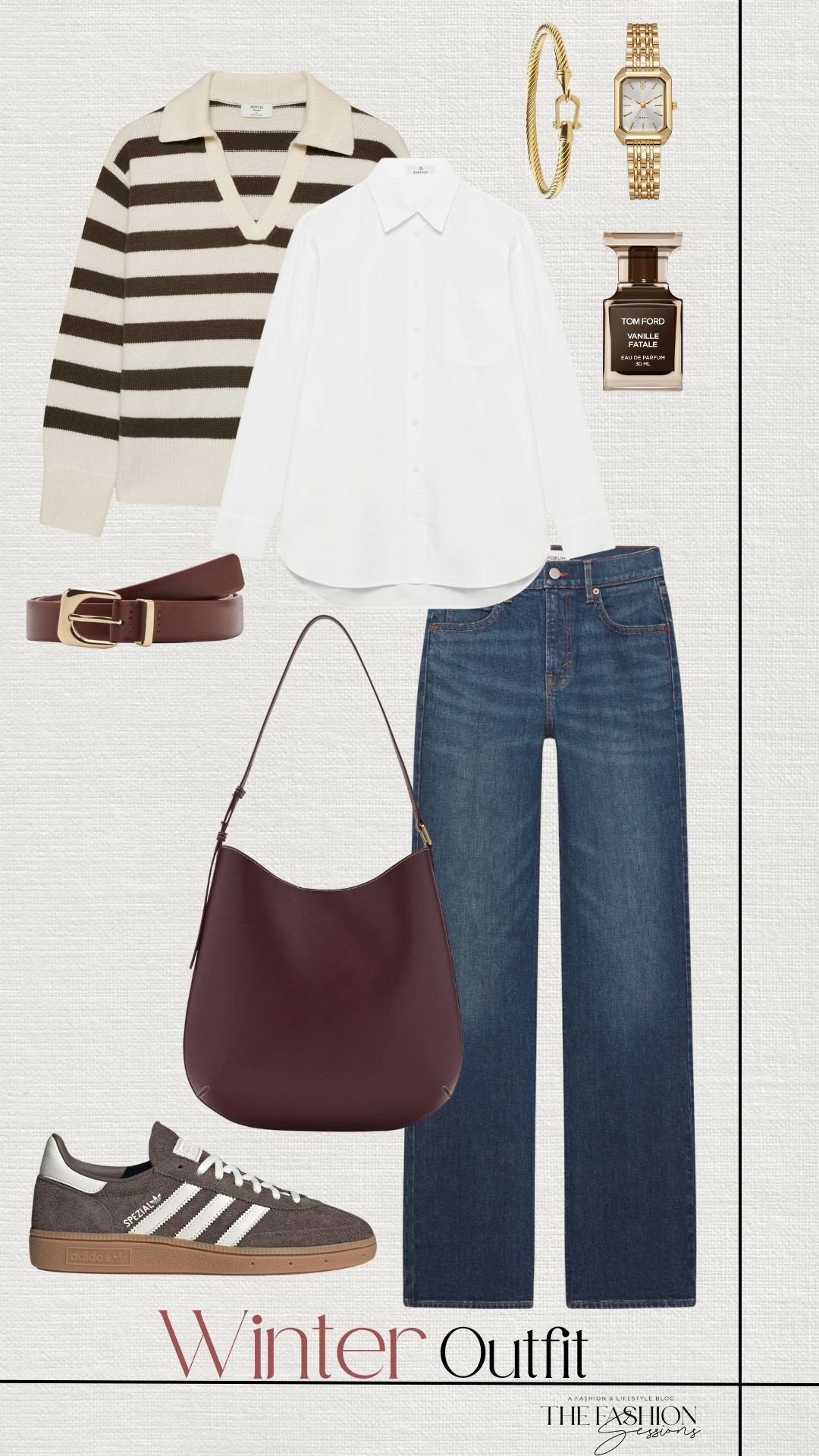 Winter Outfit | Striped Sweater | Denim Jeans | Shoulder Bag | White Button Down | 

#LTKSeasonal