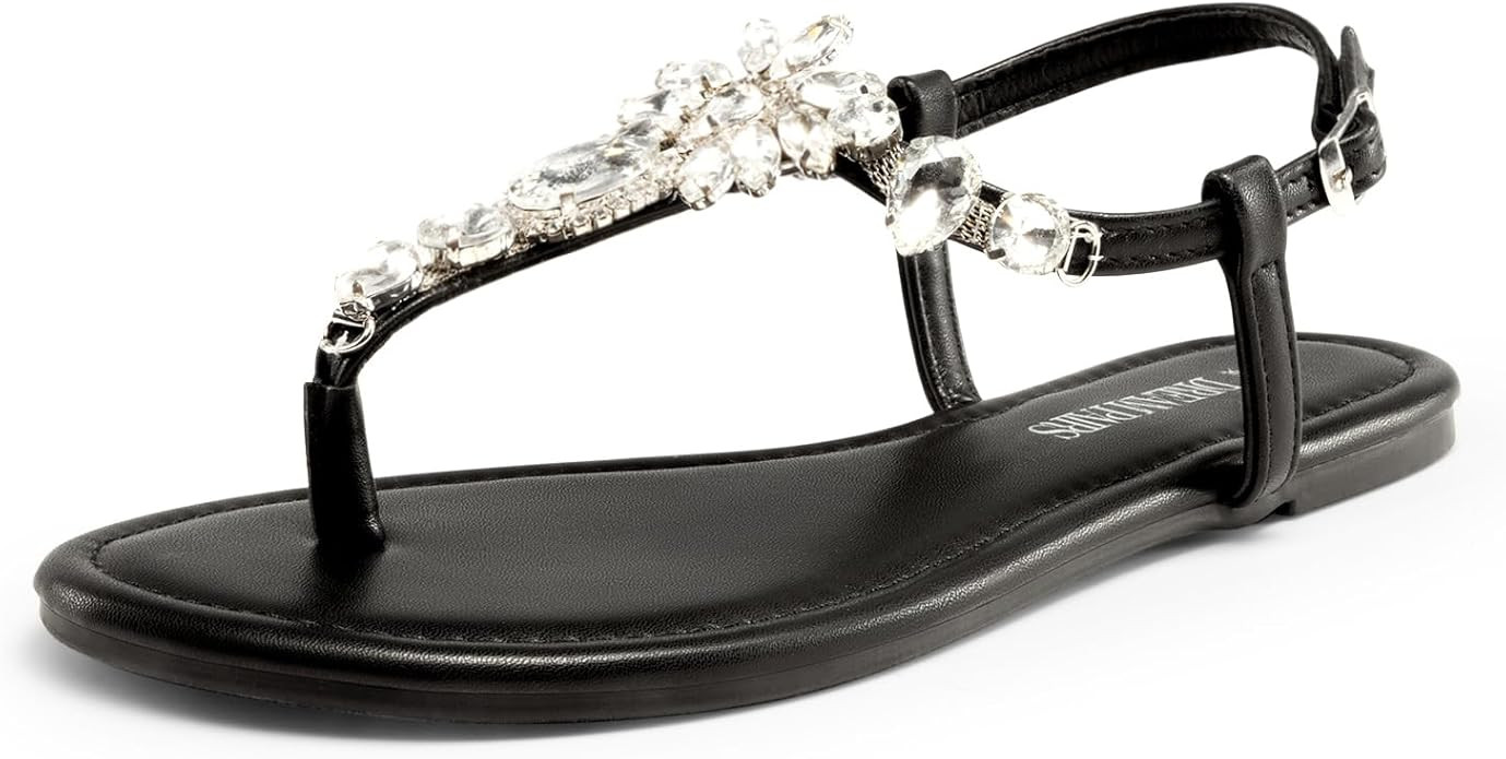 DREAM PAIRS Flat Sandals for Women Dressy Rhinestone T-Strap Thong Flat Sandals for Summers Dress... | Amazon (US)