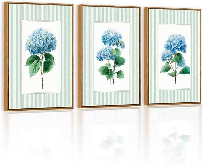 QTUSYUR Striped Blue Hydrangea Wall Art - Large Farmed Minimalist Art Print - Farmhouse Floral Ca... | Amazon (US)