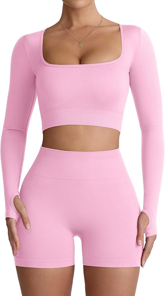 Two Piece Workout Set for Women Long Sleeve Top Matching High Waist Scrunch Butt Shorts Gym Sets ... | Amazon (US)