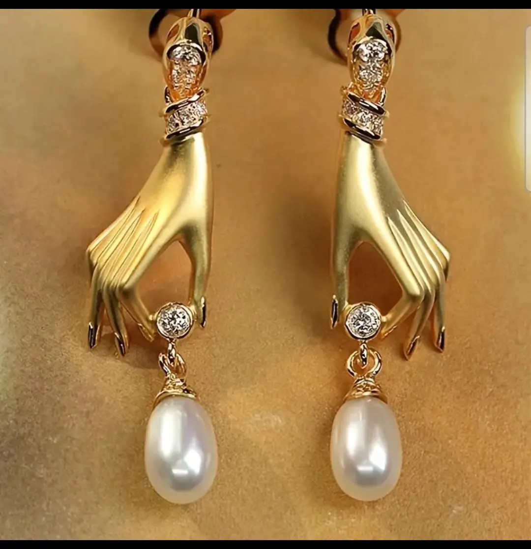 Gold Hand Shaped Dangle Earrings With Pearl Drop, Elegant Surrealist Jewelry for Women, Artistic ... | Etsy (US)