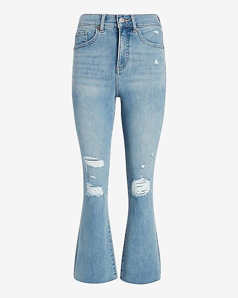 High Waisted Light Wash Raw Hem Cropped Supersoft Flare Jeans | Express