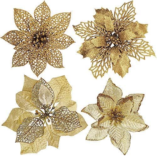 24 Set 3 Styles Christmas Gold Glitter Poinsettia Flowers Picks Christmas Tree Ornaments for Gold Ch | Amazon (US)
