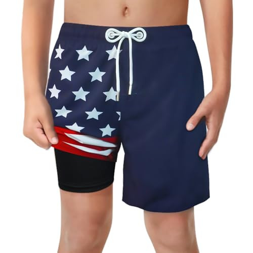Boys 4th July Swim Trunks with Boxer Brief Liner Anti Chafe No Mesh Swimming Shorts Compression Lined 4-Way Stretchy UPF Quick Dry Swimsuit Size 8 American Flag | Amazon (US)