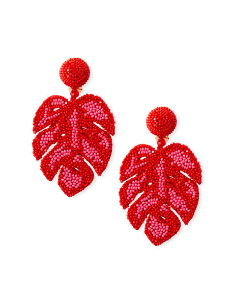 Beaded Monstera Leaf Clip-On Earrings | Neiman Marcus