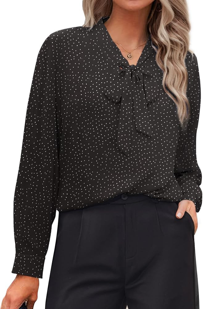 ACEVOG Chiffon Blouses for Women Dressy Bow Tie Neck Long Sleeve Work Shirt Formal Casual Wear | Amazon (US)
