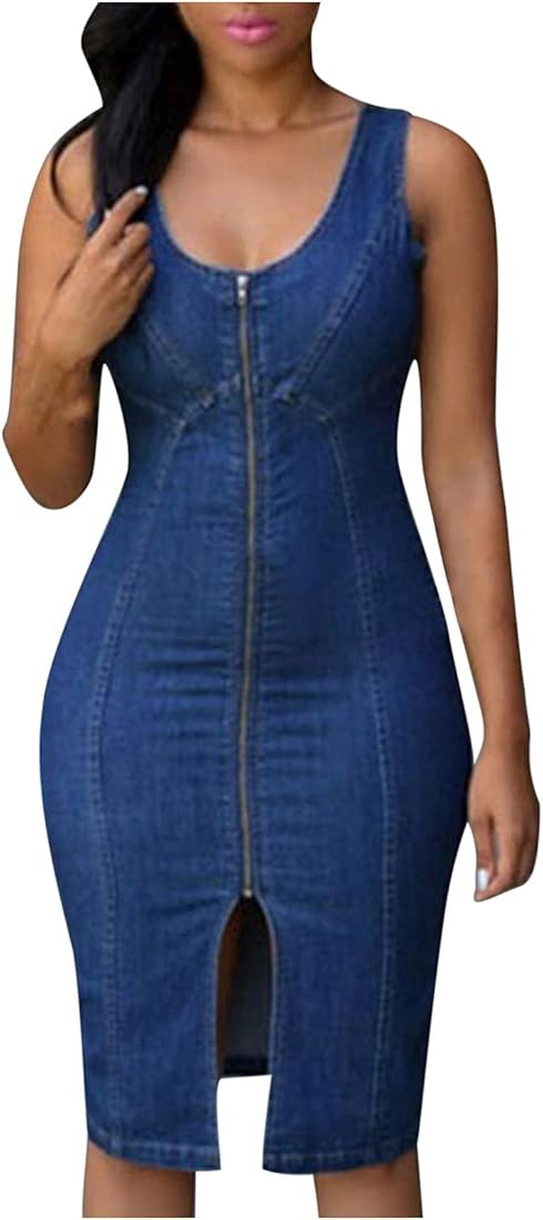 Women's Denim Tank Dress Sleeveless Zipper Front Split Midi Dresses Sexy Bodycon Club Party Dress | Amazon (CA)