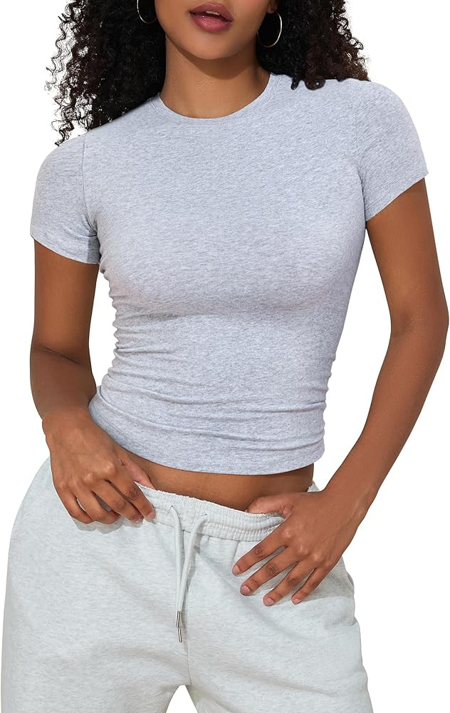 PrettyGuide Women's Cotton Crop Tops Short Sleeve Crewneck Basic Tee Tight Fit Y2K Baby Tee Cute ... | Amazon (US)