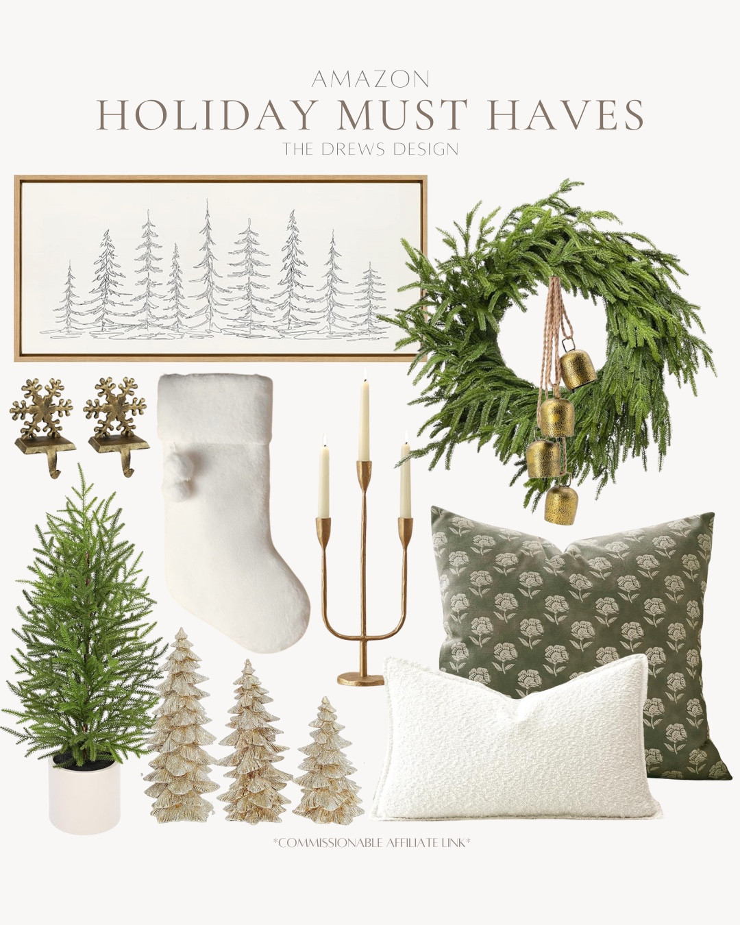 Amazon holiday must haves include wreath, bells, throw pillows, candelabra, stocking, wall art, stocking holders, small real touch tree, and gold ceramic trees.

Holiday decor, Christmas decor, neutral holiday decor, neutral Christmas 

#LTKHoliday #LTKHome #LTKSeasonal