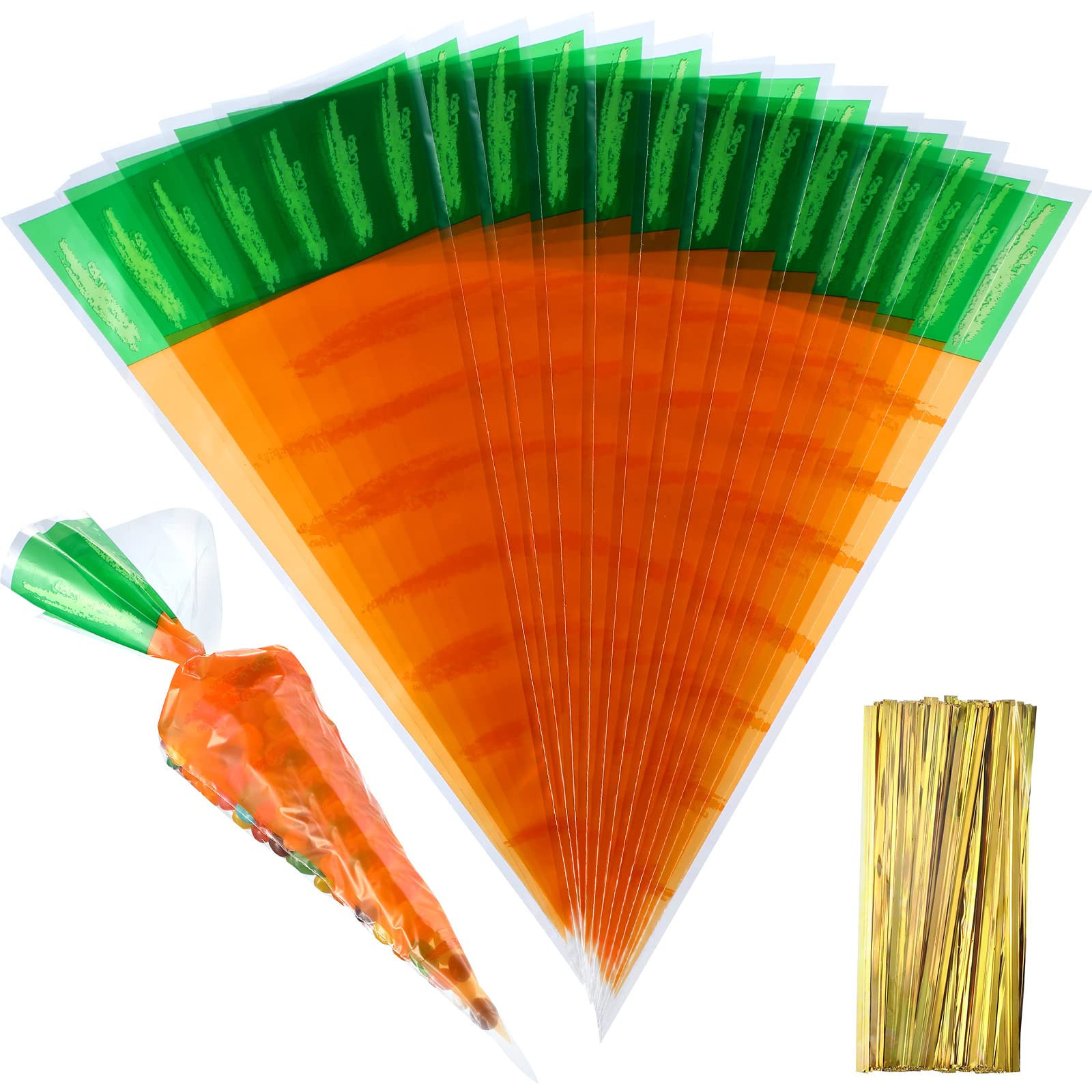 Boao 200 Counts Easter Carrot Patterned Cone Cellophane Bags Treat Goody Bags with Gold Twist Tie... | Amazon (US)