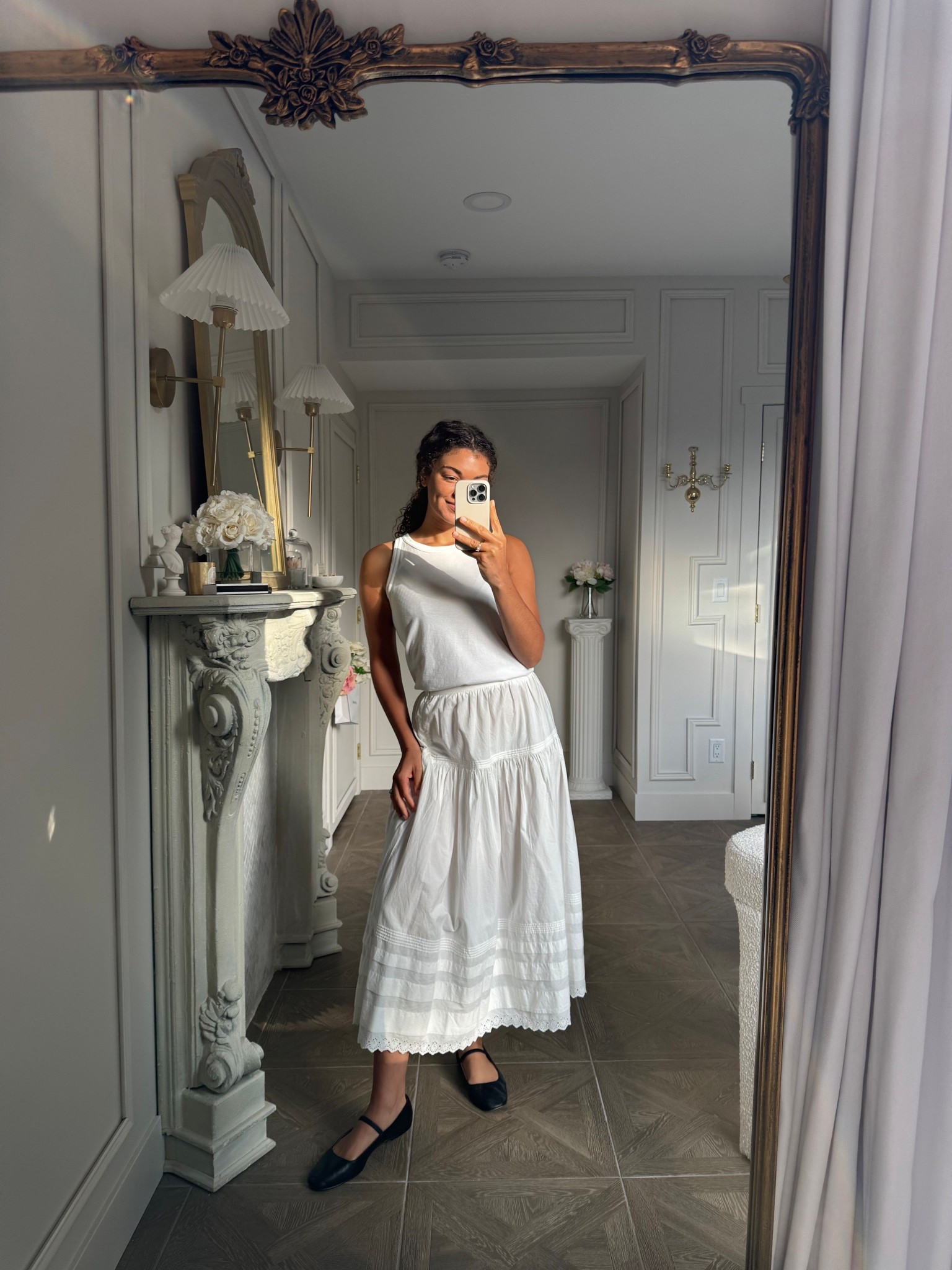 White skirt outfit with a white tank top and Mary Jane flats 

#LTKootd