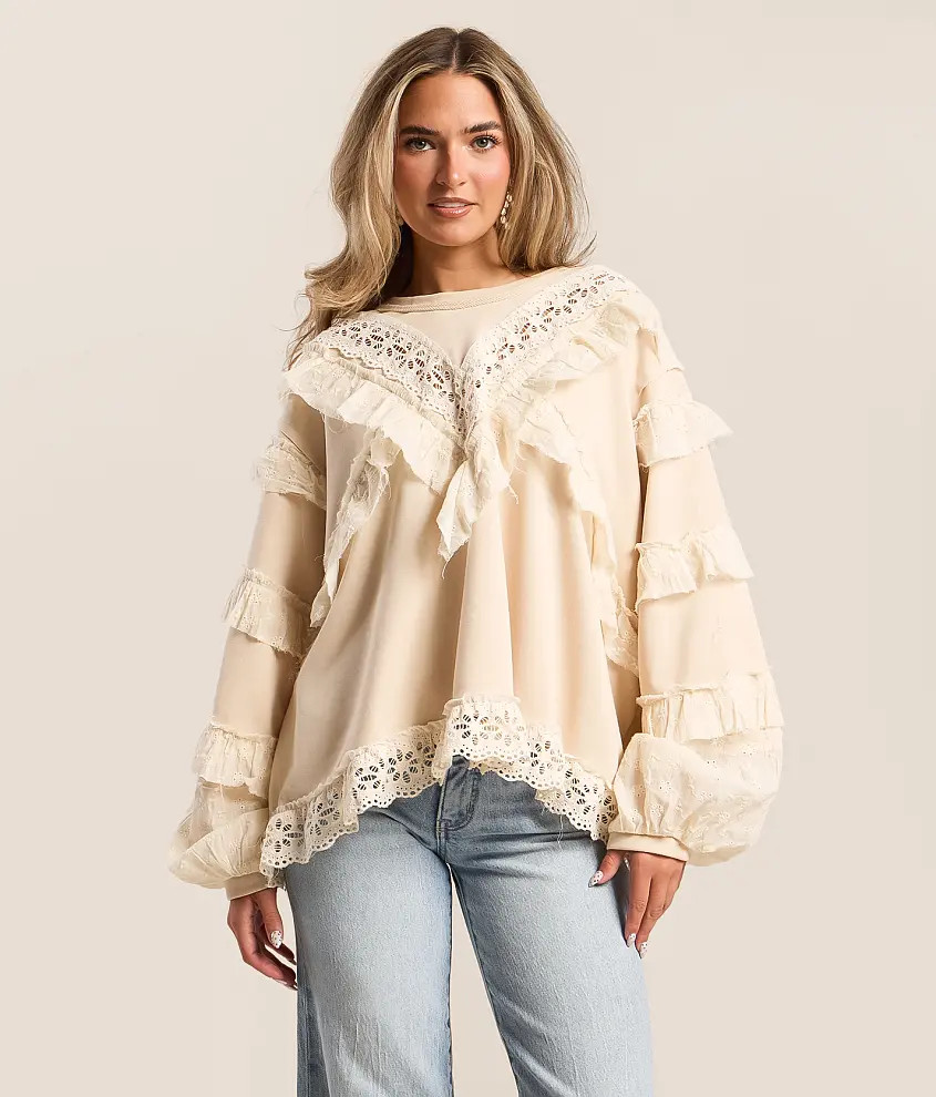 Raw Edge Crochet Trim Pullover | Buckle