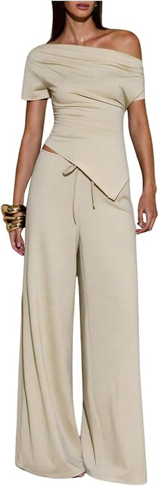 SweatyRocks Women's Off Shoulder 2 Piece Dressy Sets Wide Leg Pants | Amazon (US)