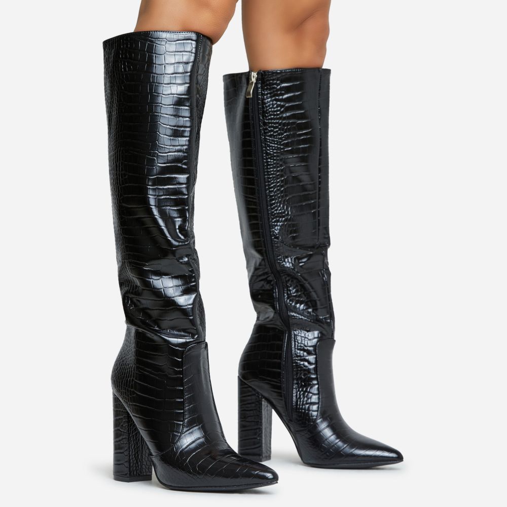 Charlie Pointed Toe Block Heel Knee High Long Boot In Black Croc Print Faux Leather | EGO Shoes (US & Canada)