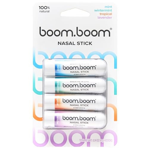BoomBoom Nasal Stick (4 Pack) | Vapor Flow Technology | Better Breathing + Natural Focus | Cool Refreshing Sensation | Premium Essential Oils + Menthol Inhaler (Mint, Wintermint, Tropical, Lavender) | Amazon (US)