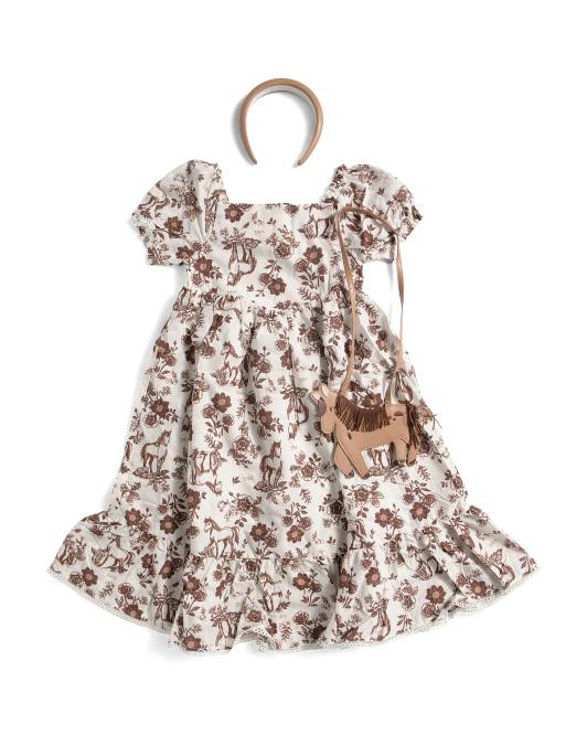 Girls Puff Sleeve Western Print Midi Dress With Headband And Purse | TJ Maxx