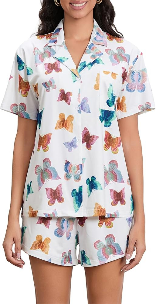 Women Cute Print Pajamas Shorts Set Short Sleeve Sleepwear 2 Piece Pj Sets Summer Button Shirts L... | Amazon (US)