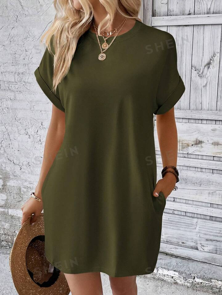 SHEIN LUNE Solid Batwing Sleeve Hidden Pocket Dress | SHEIN
