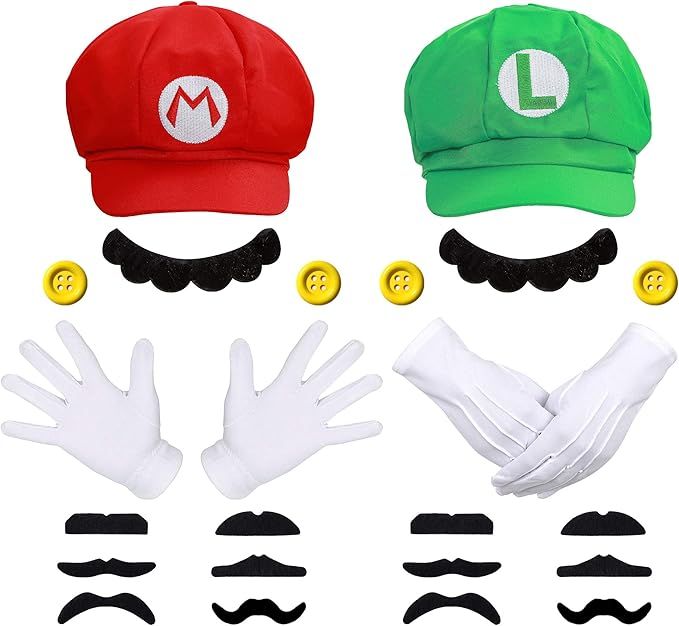 Super Mario Bros Mario and Luigi Hats Mustaches Gloves Buttons Cosplay Costume | Amazon (US)