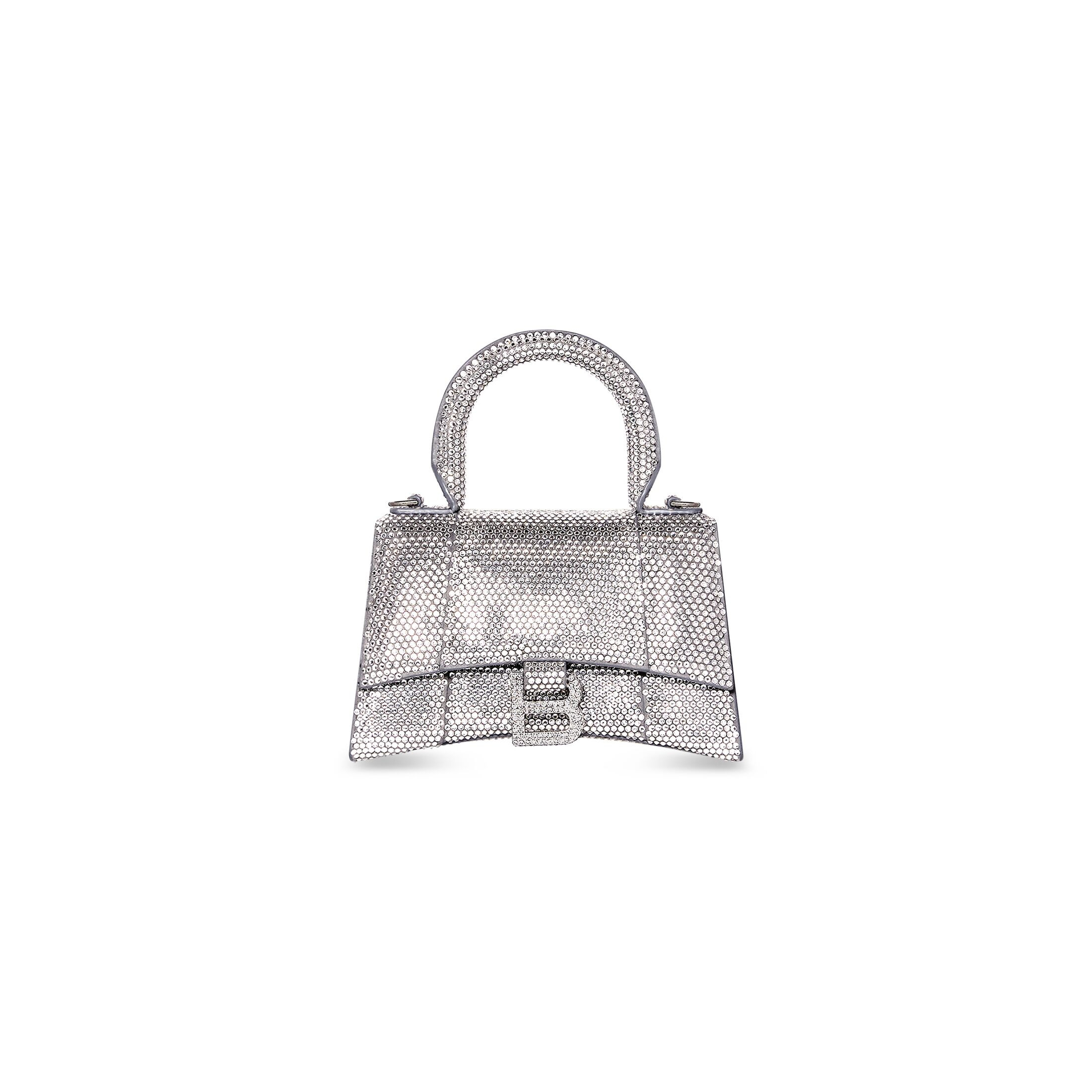 Hourglass XS Handbag in grey suede calfskin with rhinestones, aged silver hardware | Balenciaga