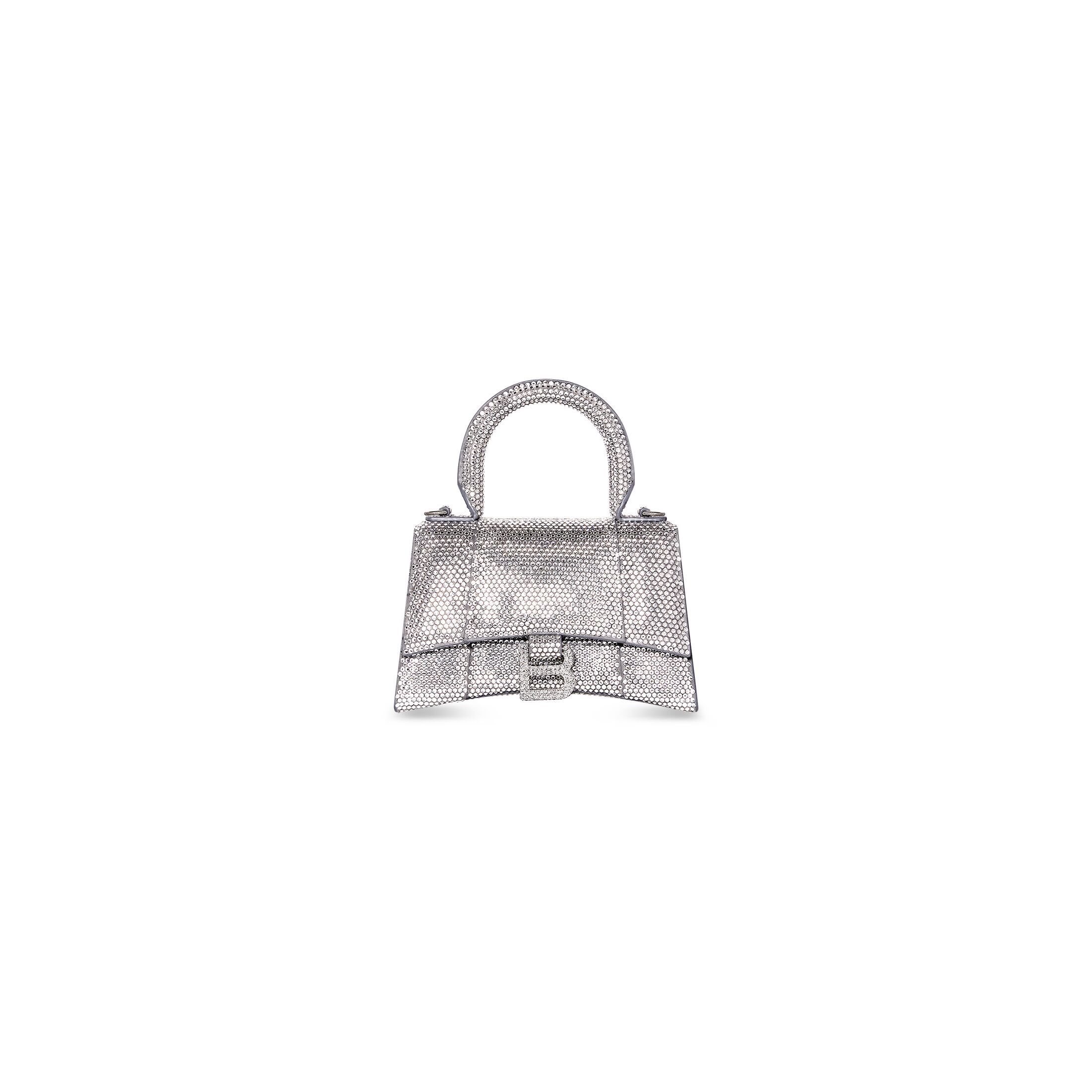 Hourglass XS Handbag in grey suede calfskin with rhinestones, aged silver hardware | Balenciaga